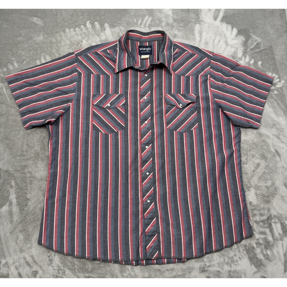Vintage Wrangler Pearl Snap Shirt Mens 2XL XXL Red Striped Western Cowboy Rodeo